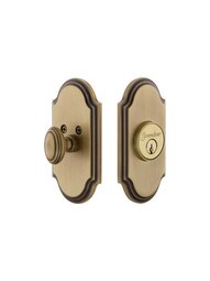 Grandeur Single-Cylinder Deadbolt with Arc Plates Keyed Alike in Antique Brass.